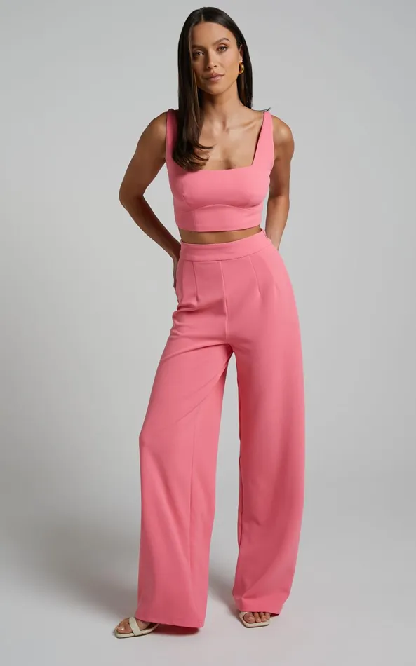 Showpo Elibeth Two Piece Set 8211 Crop Top And High Waisted Wide Leg Pants Set In Bubblegum Pink Women Curve Clothes