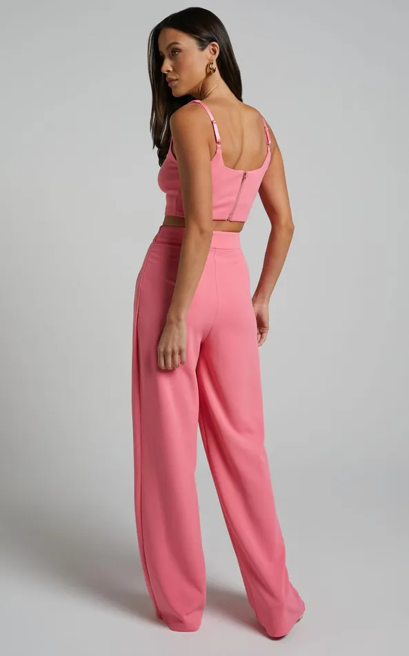 Showpo Elibeth Two Piece Set 8211 Crop Top And High Waisted Wide Leg Pants Set In Bubblegum Pink Women Curve Clothes