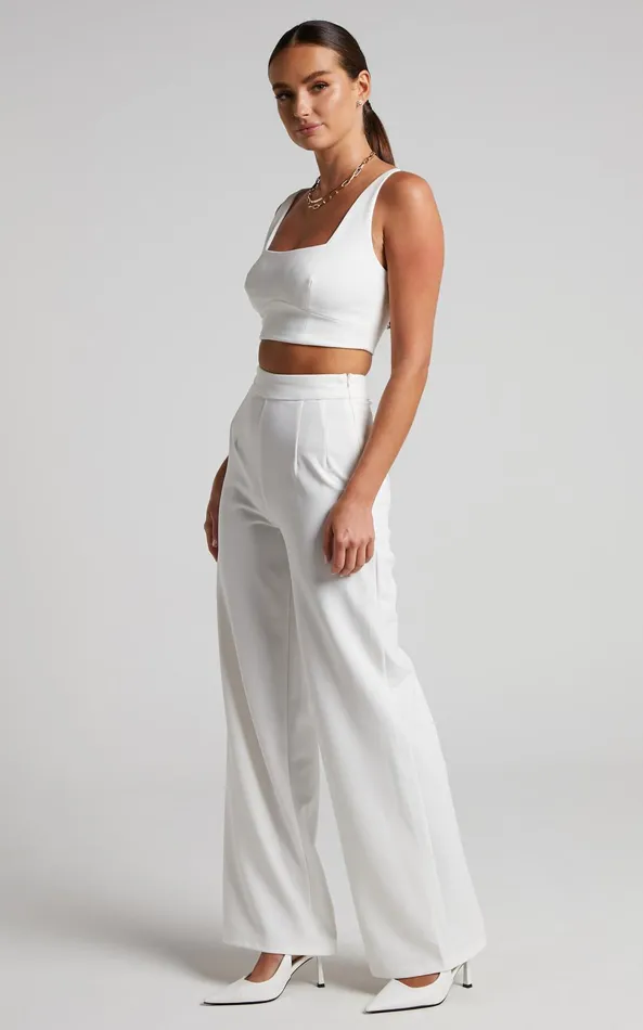 Showpo Elibeth Two Piece Set 8211 Crop Top And High Waisted Wide Leg Pants Set In White Women Curve Clothes