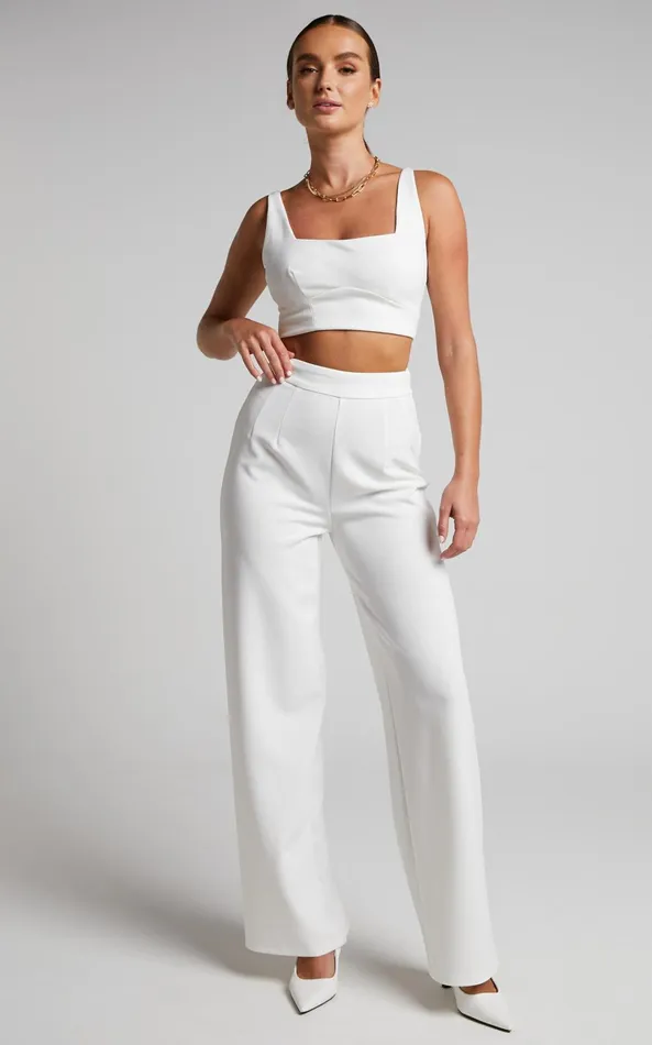 Showpo Elibeth Two Piece Set 8211 Crop Top And High Waisted Wide Leg Pants Set In White Women Curve Clothes