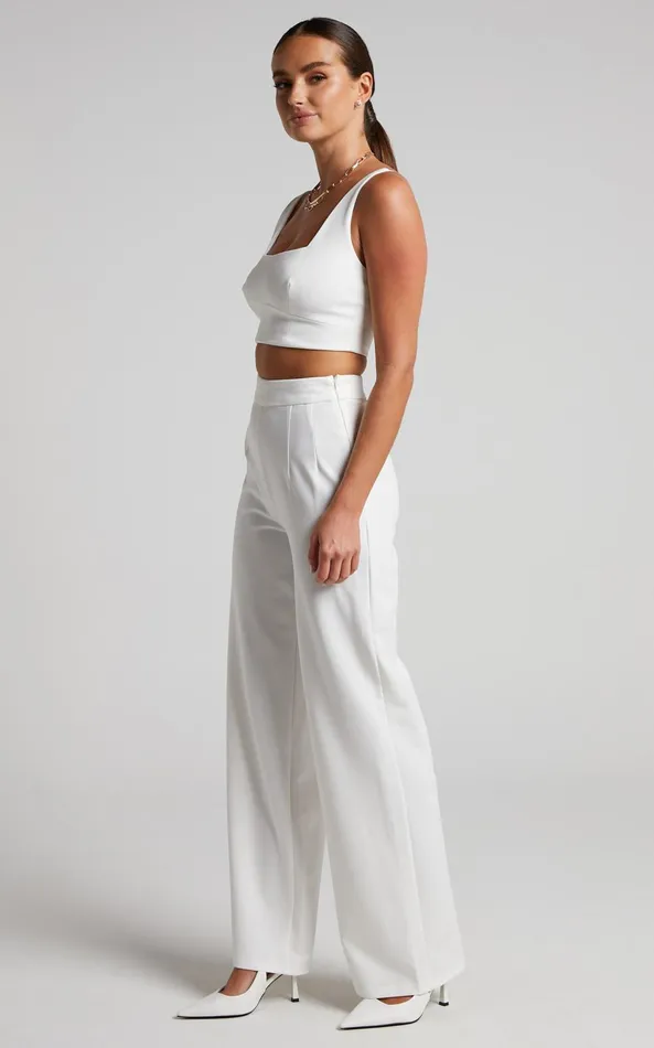 Showpo Elibeth Two Piece Set 8211 Crop Top And High Waisted Wide Leg Pants Set In White Women Curve Clothes