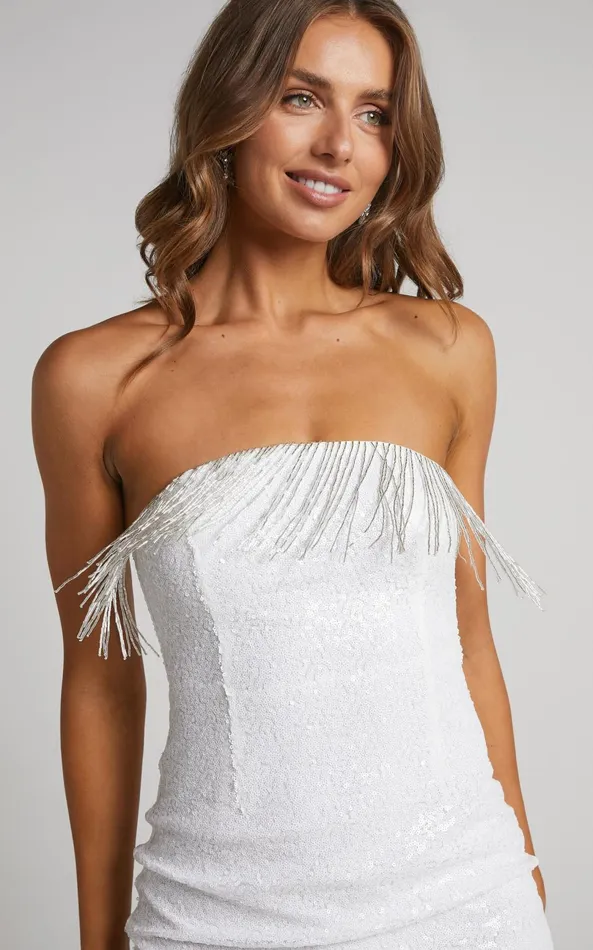 Showpo Elisabeth Mini Dress 8211 Bead Fringe Strapless Sequin Dress In White Women Dresses