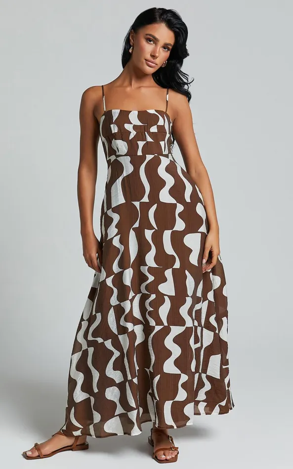 Showpo Elisabetta Midi Dress 8211 Empire Waist A Line Dress In Chocolate Mono Wave Women Dresses