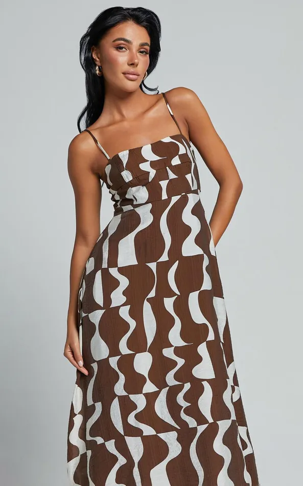 Showpo Elisabetta Midi Dress 8211 Empire Waist A Line Dress In Chocolate Mono Wave Women Dresses