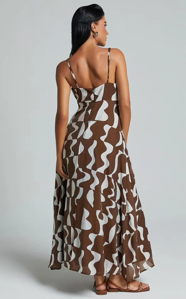 Showpo Elisabetta Midi Dress 8211 Empire Waist A Line Dress In Chocolate Mono Wave Women Dresses