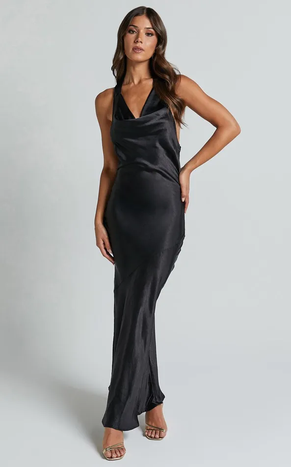 Showpo Elise Midi Dress 8211 Cowl Neck Satin Dress In Black Women Dresses