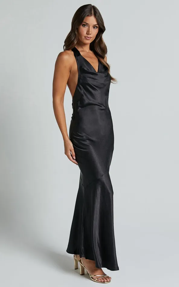 Showpo Elise Midi Dress 8211 Cowl Neck Satin Dress In Black Women Dresses