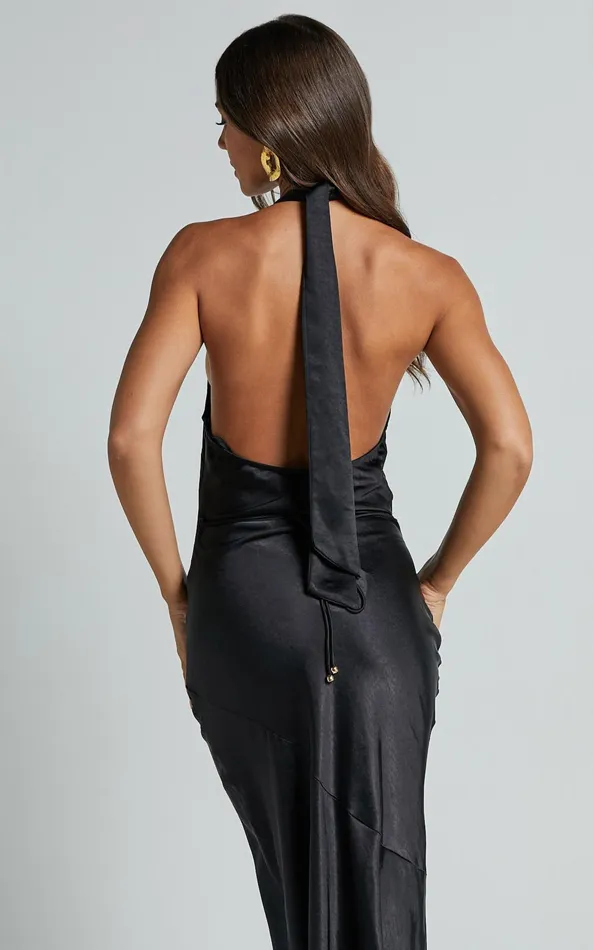 Showpo Elise Midi Dress 8211 Cowl Neck Satin Dress In Black Women Dresses
