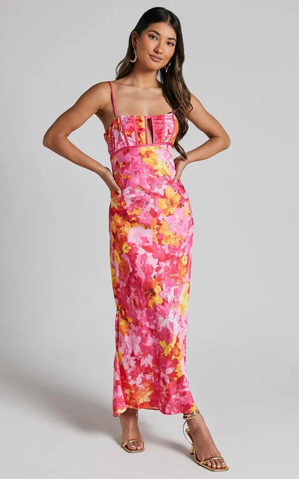 Showpo Eliza Midi Dress 8211 Ruched Bust Cut Out Dress In Pink Floral Women Dresses Showpo Eliza Midi Dress 8211 Ruched Bust Cut Out Dress In Pink Floral Women Dresses