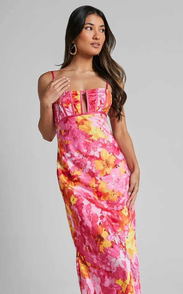 Showpo Eliza Midi Dress 8211 Ruched Bust Cut Out Dress In Pink Floral Women Dresses