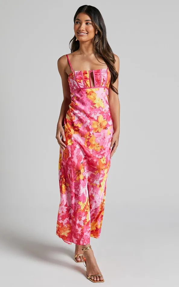 Showpo Eliza Midi Dress 8211 Ruched Bust Cut Out Dress In Pink Floral Women Dresses