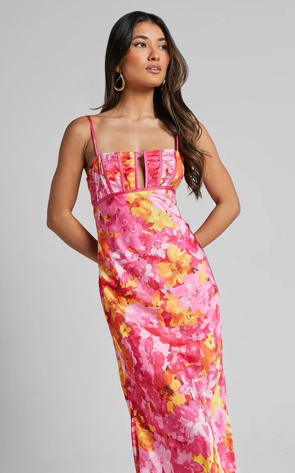 Showpo Eliza Midi Dress 8211 Ruched Bust Cut Out Dress In Pink Floral Women Dresses