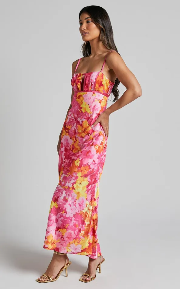 Showpo Eliza Midi Dress 8211 Ruched Bust Cut Out Dress In Pink Floral Women Dresses