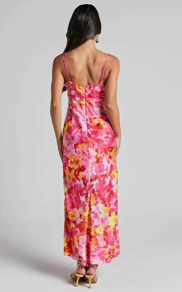 Showpo Eliza Midi Dress 8211 Ruched Bust Cut Out Dress In Pink Floral Women Dresses