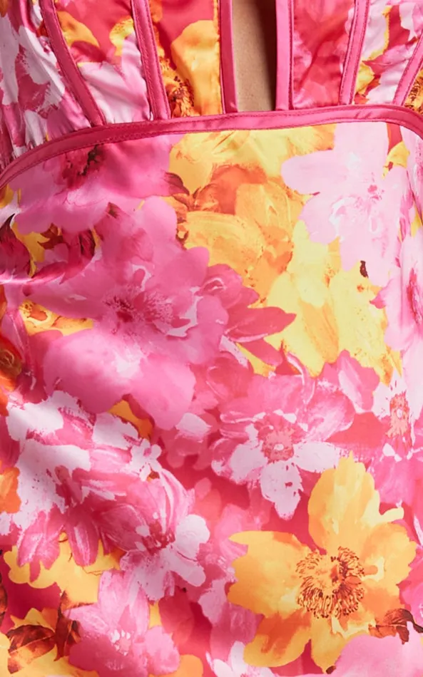 Showpo Eliza Midi Dress 8211 Ruched Bust Cut Out Dress In Pink Floral Women Dresses