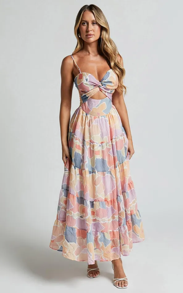Showpo Elizabeth Maxi Dress 8211 Tie Strap Cut Out Front Tiered Dress In Print Women Dresses