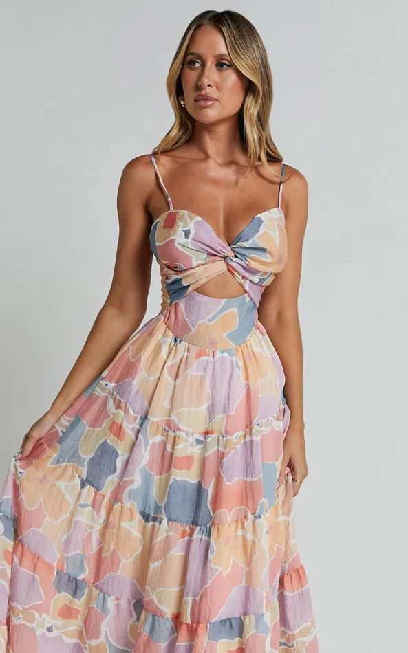 Showpo Elizabeth Maxi Dress 8211 Tie Strap Cut Out Front Tiered Dress In Print Women Dresses