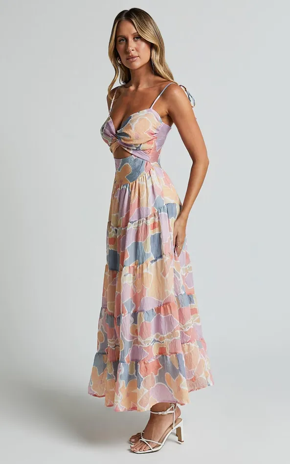 Showpo Elizabeth Maxi Dress 8211 Tie Strap Cut Out Front Tiered Dress In Print Women Dresses