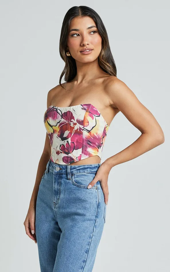 Showpo Elizabeth Top 8211 Strapless Corset Crop Top In Dahlia Dusk Floral Women Tops