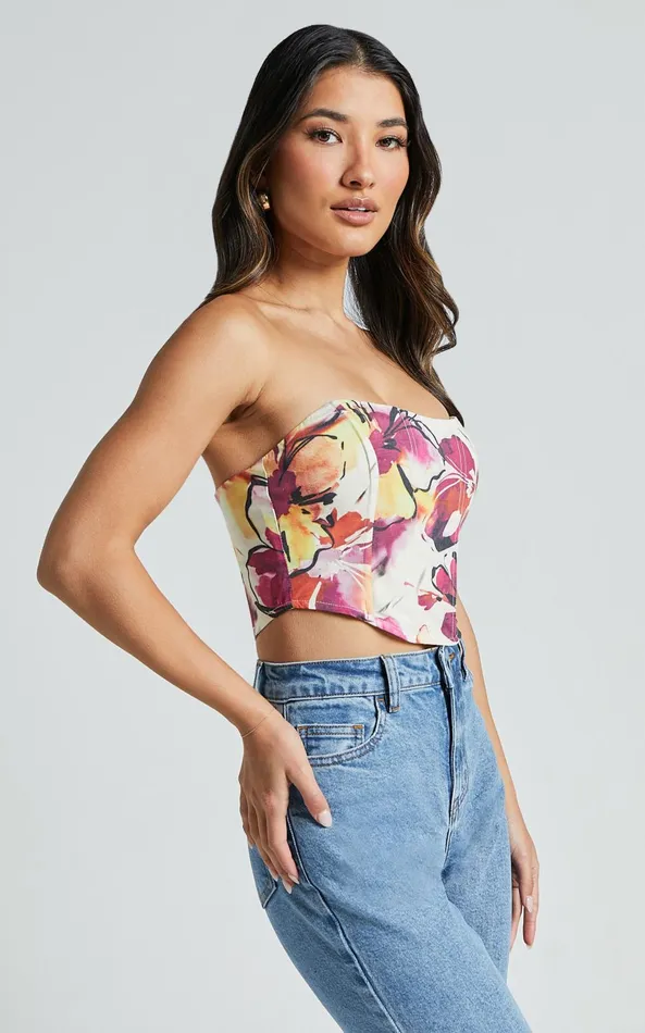 Showpo Elizabeth Top 8211 Strapless Corset Crop Top In Dahlia Dusk Floral Women Tops