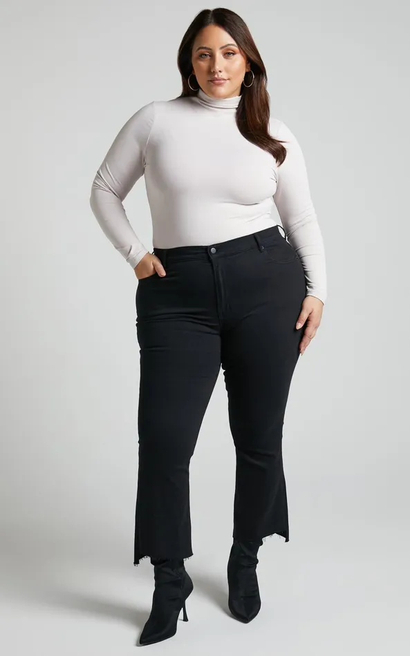 Showpo Elizena Jeans 8211 Mid Rise Step Hem Cropped Denim Jeans In Black Women Curve Clothes
