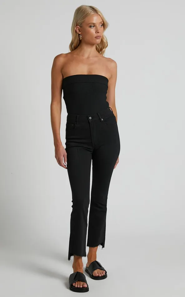 Showpo Elizena Jeans 8211 Mid Rise Step Hem Cropped Denim Jeans In Black Women Curve Clothes