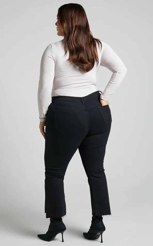 Showpo Elizena Jeans 8211 Mid Rise Step Hem Cropped Denim Jeans In Black Women Curve Clothes