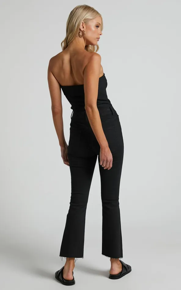 Showpo Elizena Jeans 8211 Mid Rise Step Hem Cropped Denim Jeans In Black Women Curve Clothes