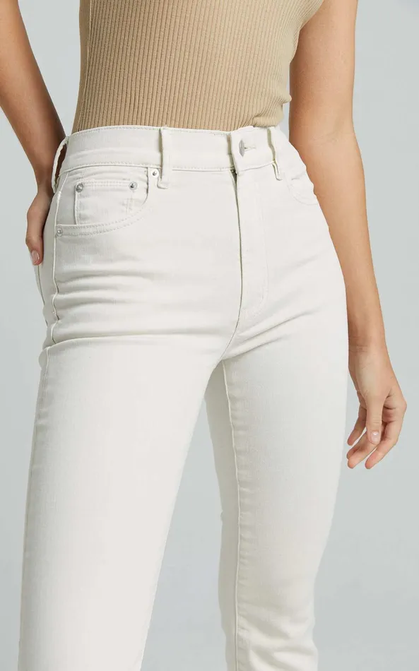 Showpo Elizena Jeans 8211 Mid Rise Step Hem Cropped Denim Jeans In Ecru Women Curve Clothes