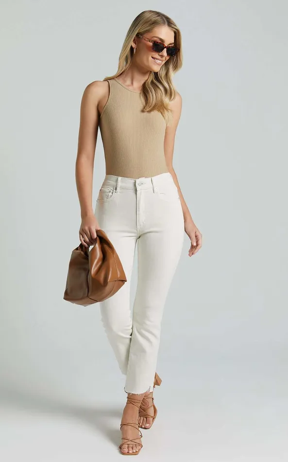 Showpo Elizena Jeans 8211 Mid Rise Step Hem Cropped Denim Jeans In Ecru Women Curve Clothes
