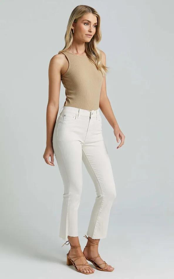 Showpo Elizena Jeans 8211 Mid Rise Step Hem Cropped Denim Jeans In Ecru Women Curve Clothes