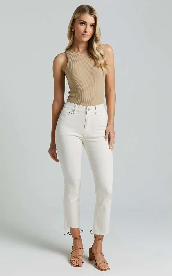 Showpo Elizena Jeans 8211 Mid Rise Step Hem Cropped Denim Jeans In Ecru Women Curve Clothes