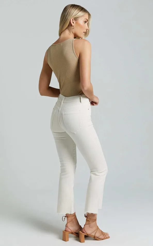 Showpo Elizena Jeans 8211 Mid Rise Step Hem Cropped Denim Jeans In Ecru Women Curve Clothes
