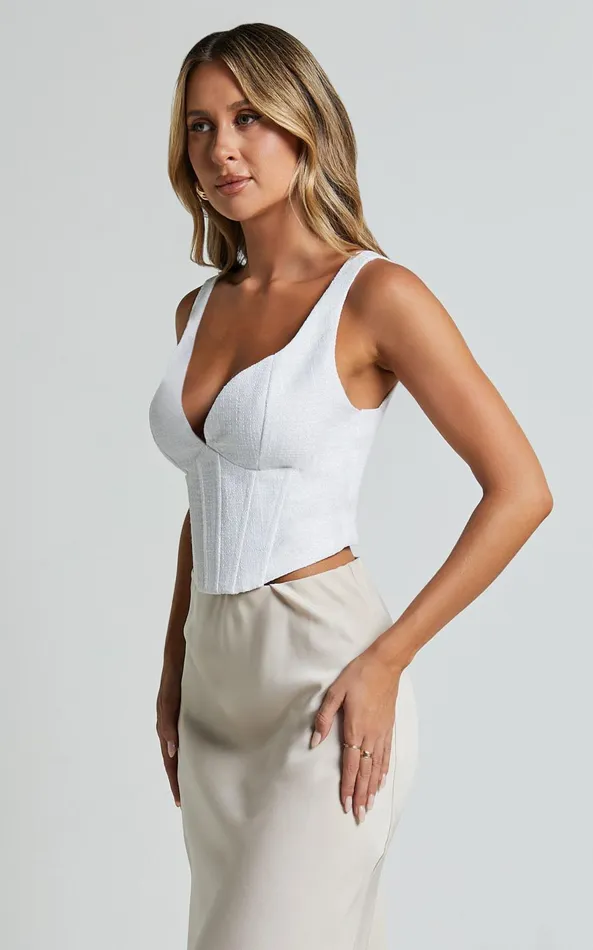 Showpo Ellise Top 8211 Plunge Sweetheart Neck Tweed Corset Top In White Women Tops