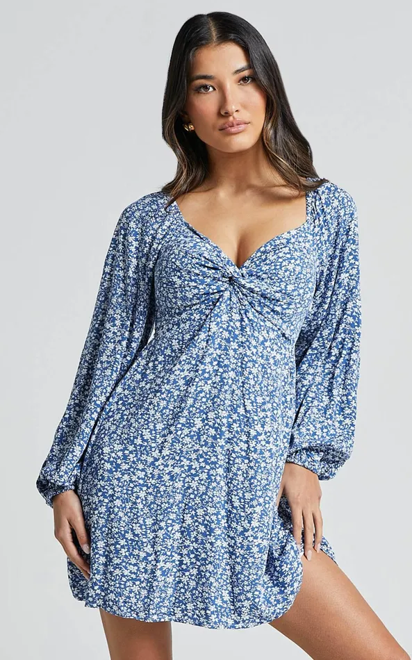 Showpo Ellison Mini Dress 8211 34 Sleeve Twist Bodice Dress In Blue Floral Women Dresses Showpo Ellison Mini Dress 8211 34 Sleeve Twist Bodice Dress In Blue Floral Women Dresses
