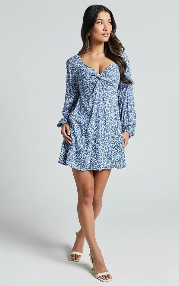 Showpo Ellison Mini Dress 8211 34 Sleeve Twist Bodice Dress In Blue Floral Women Dresses