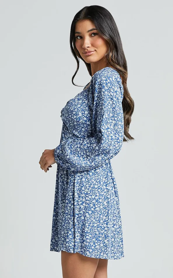 Showpo Ellison Mini Dress 8211 34 Sleeve Twist Bodice Dress In Blue Floral Women Dresses