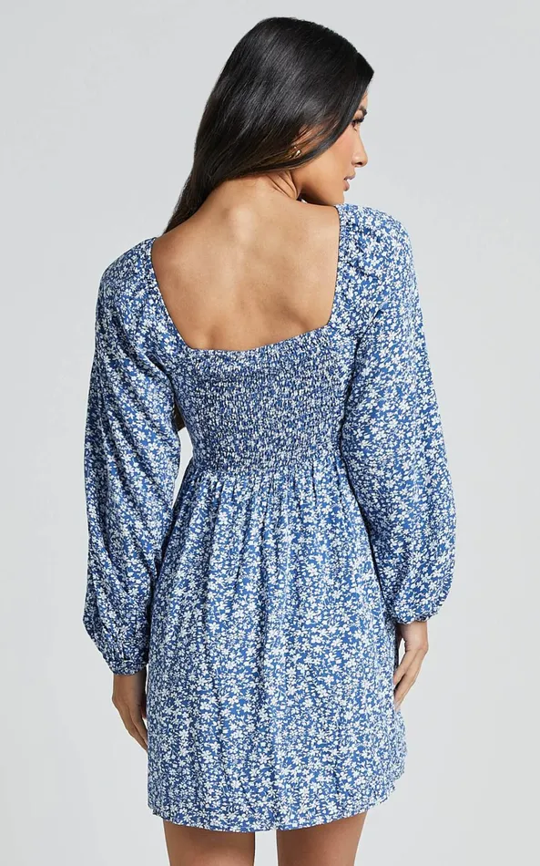 Showpo Ellison Mini Dress 8211 34 Sleeve Twist Bodice Dress In Blue Floral Women Dresses