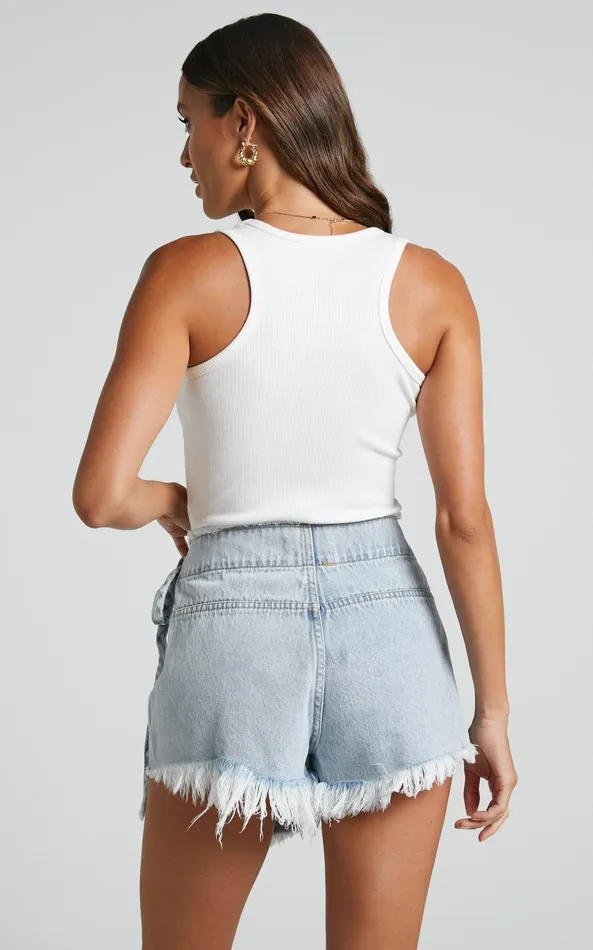 Showpo Ellyza Skort 8211 Recycled Cotton Frayed Edge Wrap Denim Skort In Mid Blue Wash Women Shop Conscious