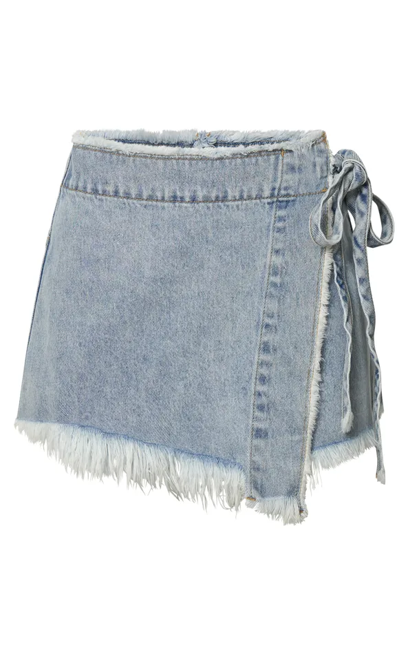 Showpo Ellyza Skort 8211 Recycled Cotton Frayed Edge Wrap Denim Skort In Mid Blue Wash Women Shop Conscious