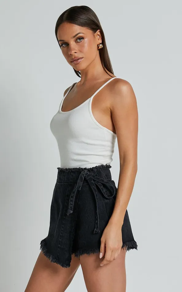 Showpo Ellyza Skort 8211 Recycled Cotton Frayed Edge Wrap Denim Skort In Washed Black Women Denim