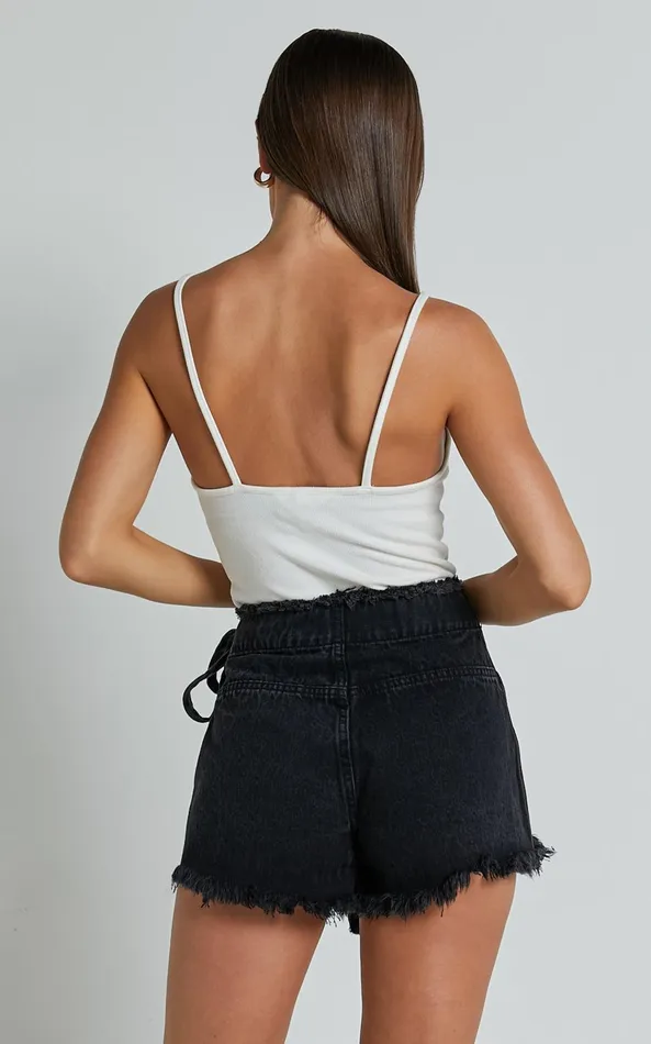 Showpo Ellyza Skort 8211 Recycled Cotton Frayed Edge Wrap Denim Skort In Washed Black Women Denim