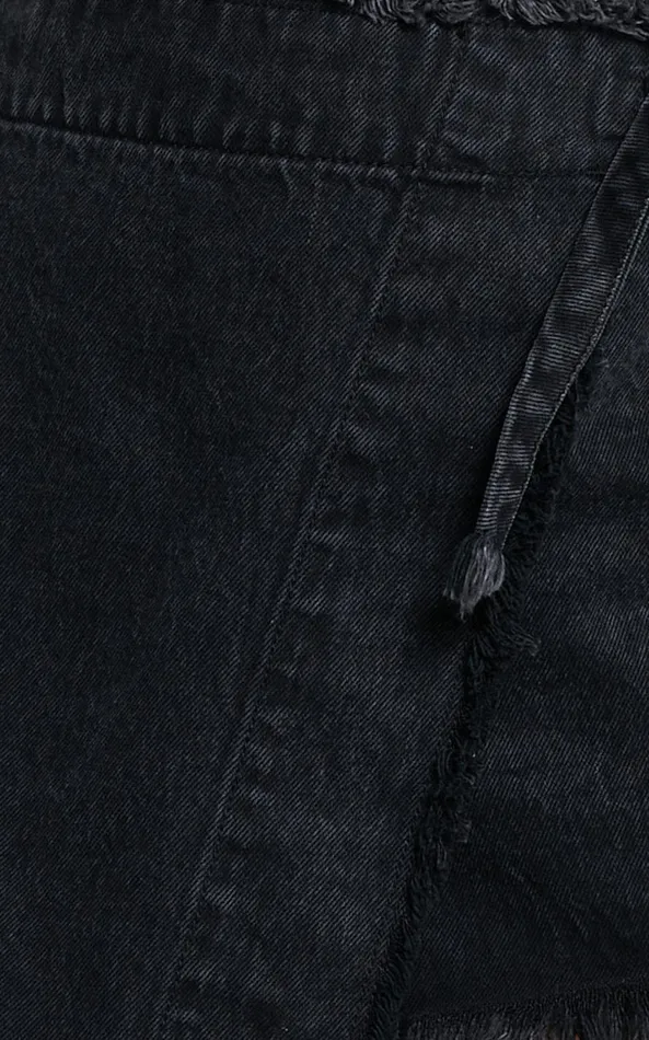 Showpo Ellyza Skort 8211 Recycled Cotton Frayed Edge Wrap Denim Skort In Washed Black Women Denim