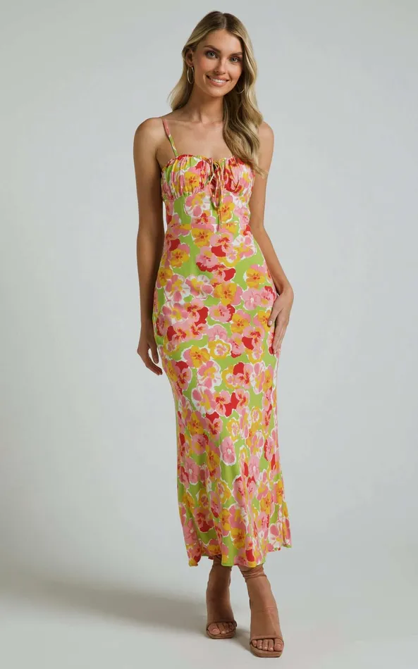 Showpo Elmerie Midi Dress 8211 Sleeveless Tie Neck Front Dress In Green Floral Print Women Dresses