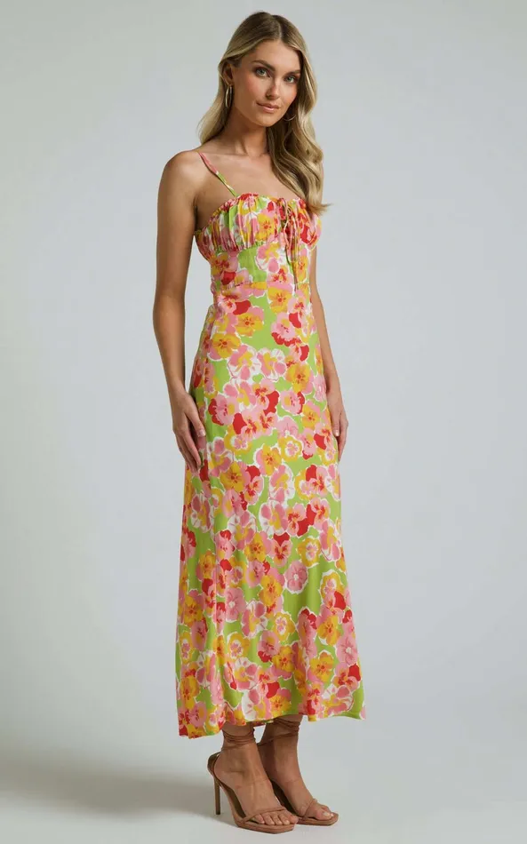 Showpo Elmerie Midi Dress 8211 Sleeveless Tie Neck Front Dress In Green Floral Print Women Dresses