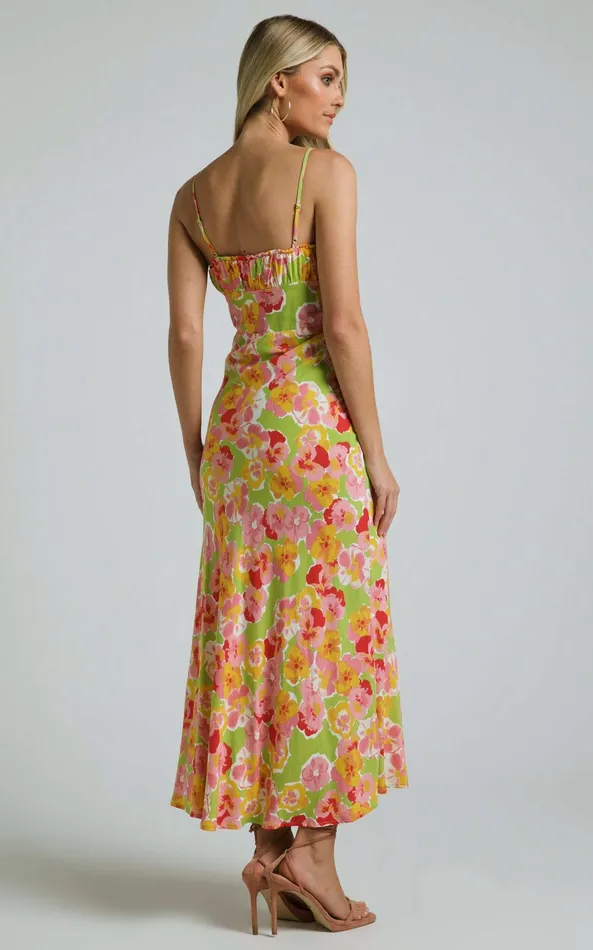 Showpo Elmerie Midi Dress 8211 Sleeveless Tie Neck Front Dress In Green Floral Print Women Dresses