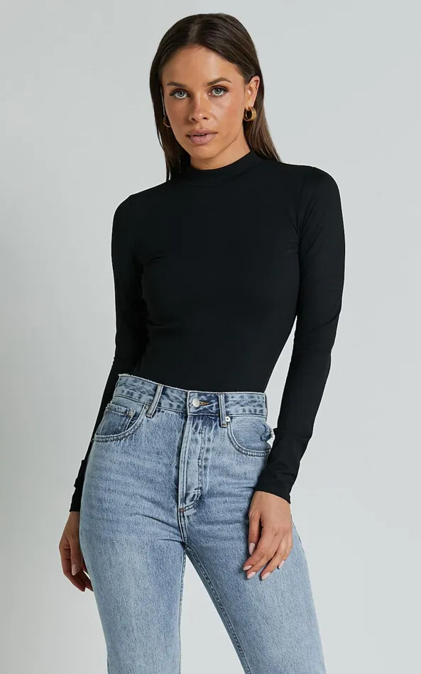 Showpo Elmira Bodysuit 8211 Long Sleeve High Neck Bodysuit In Black Women Basics