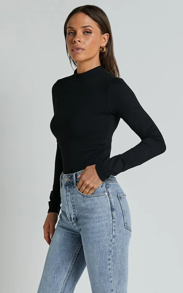 Showpo Elmira Bodysuit 8211 Long Sleeve High Neck Bodysuit In Black Women Basics