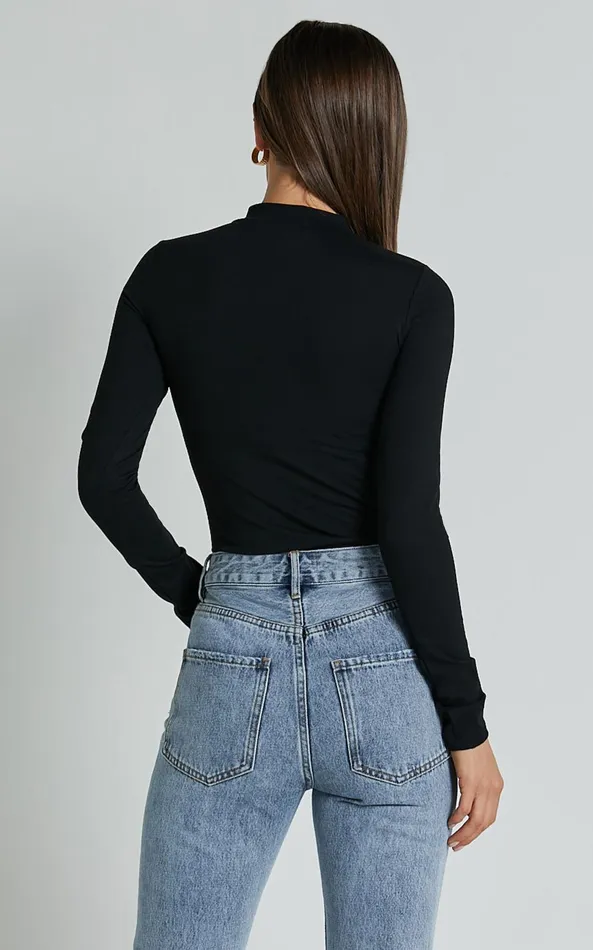 Showpo Elmira Bodysuit 8211 Long Sleeve High Neck Bodysuit In Black Women Basics
