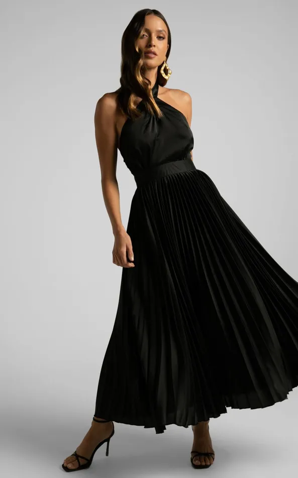 Showpo Eloise Midi Dress 8211 Halter Neck Pleated Dress In Black Women Dresses